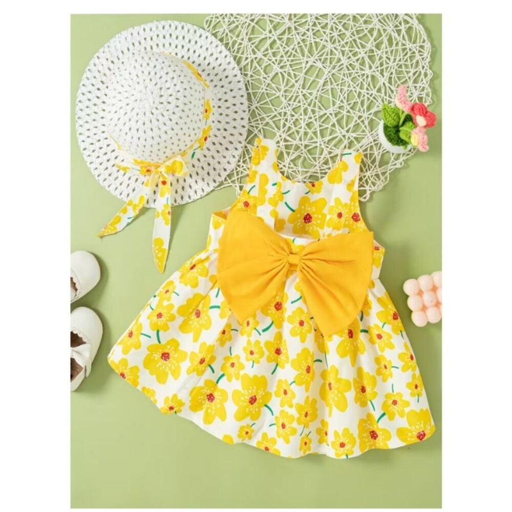 Sunny Blossom Dress & Hat Set – White & Yellow Floral, Big Bow, Spring Party Out